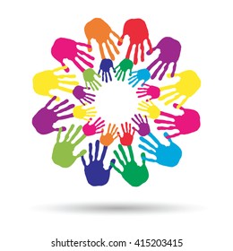 Vector concept or conceptual circle spiral of colorful hand prints made by children isolated on white background for paint, handprint, symbol, people, identity, together, friendship, play, fun designs