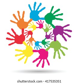 Vector concept or conceptual circle spiral of colorful hand prints made by children isolated on white background for paint, handprint, symbol, people, identity, together, friendship, play, fun designs