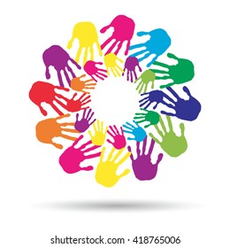 Vector concept or conceptual circle spiral of colorful hand prints made by children isolated on white background for paint, handprint, symbol, people, identity, together, friendship, play, fun designs