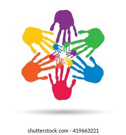 Vector concept or conceptual circle spiral of colorful hand prints made by children isolated on white background for paint, handprint, symbol, people, identity, together, friendship, play, fun designs