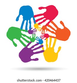 Vector concept or conceptual circle spiral of colorful hand prints made by children isolated on white background for paint, handprint, symbol, people, identity, together, friendship, play, fun designs