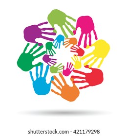 Vector concept or conceptual circle spiral of colorful hand prints made by children isolated on white background for paint, handprint, symbol, people, identity, together, friendship, play, fun designs