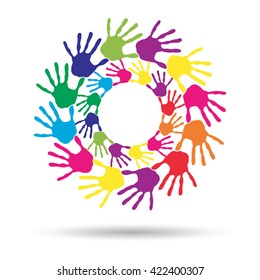 Vector concept or conceptual circle spiral of colorful hand prints made by children isolated on white background for paint, handprint, symbol, people, identity, together, friendship, play, fun designs