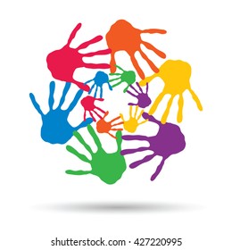 Vector concept or conceptual circle spiral of colorful hand prints made by children isolated on white background for paint, handprint, symbol, people, identity, together, friendship, play, fun designs