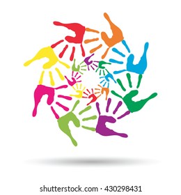 Vector concept or conceptual circle spiral of colorful hand prints made by children isolated on white background for paint, handprint, symbol, people, identity, together, friendship, play, fun designs