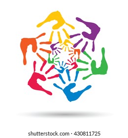 Vector concept or conceptual circle spiral of colorful hand prints made by children isolated on white background for paint, handprint, symbol, people, identity, together, friendship, play, fun designs