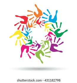Vector concept or conceptual circle spiral of colorful hand prints made by children isolated on white background for paint, handprint, symbol, people, identity, together, friendship, play, fun designs