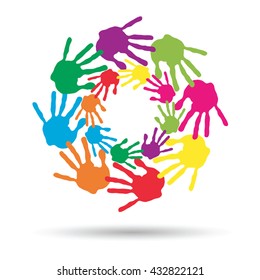 Vector concept or conceptual circle spiral of colorful hand prints made by children isolated on white background for paint, handprint, symbol, people, identity, together, friendship, play, fun designs