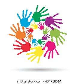 Vector concept or conceptual circle spiral of colorful hand prints made by children isolated on white background for paint, handprint, symbol, people, identity, together, friendship, play, fun designs