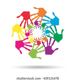 Vector concept or conceptual circle spiral of colorful hand prints made by children isolated on white background for paint, handprint, symbol, people, identity, together, friendship, play, fun designs