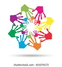 Vector concept or conceptual circle spiral of colorful hand prints made by children isolated on white background for paint, handprint, symbol, people, identity, together, friendship, play, fun designs