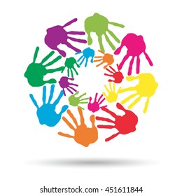 Vector concept or conceptual circle spiral of colorful hand prints made by children isolated on white background for paint, handprint, symbol, people, identity, together, friendship, play, fun designs