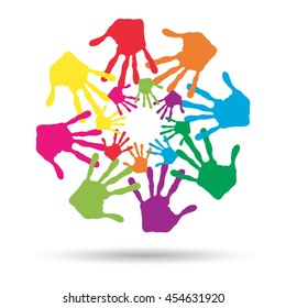 Vector concept or conceptual circle spiral of colorful hand prints made by children isolated on white background for paint, handprint, symbol, people, identity, together, friendship, play, fun designs