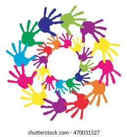 Vector concept or conceptual circle spiral of colorful hand prints made by children isolated on white background for paint, handprint, symbol, people, identity, together, friendship, play, fun designs