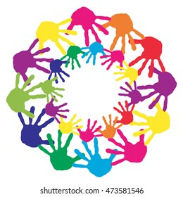 Vektorkonzept oder konzeptueller Kreis Spirale aus bunten Handdrucken von Kindern einzeln auf weißem Hintergrund für Farbe, Handdruck, Symbol, Menschen, Identität, zusammen, Freundschaft, Spiel, lustige Designs