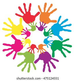 Concepto vectorial o espiral de círculo conceptual de las impresiones coloridas hechas a mano por niños aislados en fondo blanco para pintura, huella de mano, símbolo, personas, identidad, juntos, amistad, juego, diseños divertidos