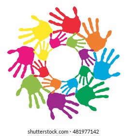 Conceito vetorial ou círculo conceitual espiral de impressões coloridas feitas por crianças isoladas sobre fundo branco para pintura, impressão de mão, símbolo, pessoas, identidade, juntos, amizade, brincar, desenhos divertidos