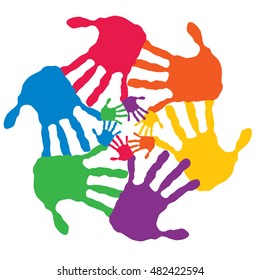 Vector concept or conceptual circle spiral of colorful hand prints made by children isolated on white background for paint, handprint, symbol, people, identity, together, friendship, play, fun designs