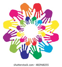 Vector concept or conceptual circle spiral of colorful hand prints made by children isolated on white background for paint, handprint, symbol, people, identity, together, friendship, play, fun designs
