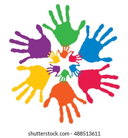 Vector concept or conceptual circle spiral of colorful hand prints made by children isolated on white background for paint, handprint, symbol, people, identity, together, friendship, play, fun designs