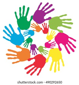 Vector concept or conceptual circle spiral of colorful hand prints made by children isolated on white background for paint, handprint, symbol, people, identity, together, friendship, play, fun designs
