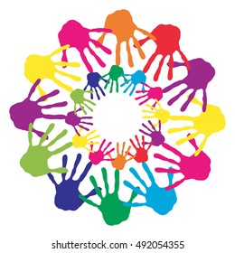 Vector concept or conceptual circle spiral of colorful hand prints made by children isolated on white background for paint, handprint, symbol, people, identity, together, friendship, play, fun designs