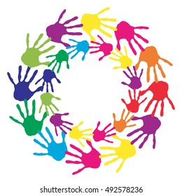 Vector concept or conceptual circle spiral of colorful hand prints made by children isolated on white background for paint, handprint, symbol, people, identity, together, friendship, play, fun designs