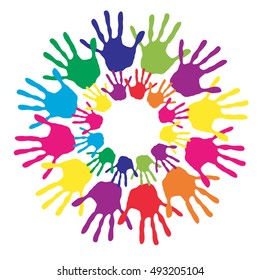 Conceito vetorial ou círculo conceitual espiral de impressões coloridas feitas por crianças isoladas sobre fundo branco para pintura, impressão de mão, símbolo, pessoas, identidade, juntos, amizade, brincar, desenhos divertidos