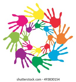 Vector concept or conceptual circle spiral of colorful hand prints made by children isolated on white background for paint, handprint, symbol, people, identity, together, friendship, play, fun designs