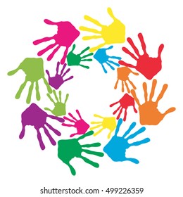 Concepto vectorial o espiral de círculo conceptual de las impresiones coloridas hechas a mano por niños aislados en fondo blanco para pintura, huella de mano, símbolo, personas, identidad, juntos, amistad, juego, diseños divertidos