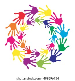 Vector concept or conceptual circle spiral of colorful hand prints made by children isolated on white background for paint, handprint, symbol, people, identity, together, friendship, play, fun designs