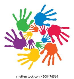 Vector concept or conceptual circle spiral of colorful hand prints made by children isolated on white background for paint, handprint, symbol, people, identity, together, friendship, play, fun designs