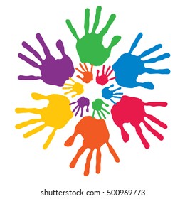 Vector concept or conceptual circle spiral of colorful hand prints made by children isolated on white background for paint, handprint, symbol, people, identity, together, friendship, play, fun designs