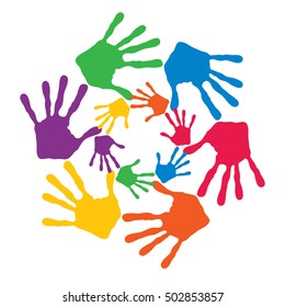 Concepto vectorial o espiral de círculo conceptual de las impresiones coloridas hechas a mano por niños aislados en fondo blanco para pintura, huella de mano, símbolo, personas, identidad, juntos, amistad, juego, diseños divertidos