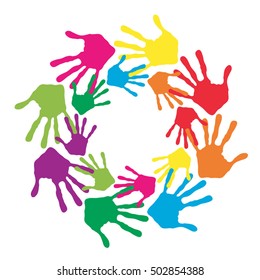 Concepto vectorial o espiral de círculo conceptual de las impresiones coloridas hechas a mano por niños aislados en fondo blanco para pintura, huella de mano, símbolo, personas, identidad, juntos, amistad, juego, diseños divertidos