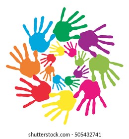 Vector concept or conceptual circle spiral of colorful hand prints made by children isolated on white background for paint, handprint, symbol, people, identity, together, friendship, play, fun designs