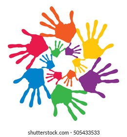 Vector concept or conceptual circle spiral of colorful hand prints made by children isolated on white background for paint, handprint, symbol, people, identity, together, friendship, play, fun designs