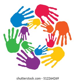 Concepto vectorial o espiral de círculo conceptual de las impresiones coloridas hechas a mano por niños aislados en fondo blanco para pintura, huella de mano, símbolo, personas, identidad, juntos, amistad, juego, diseños divertidos