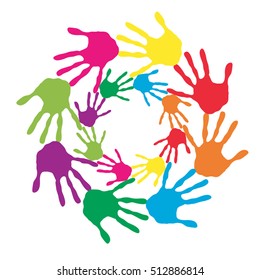 Concepto vectorial o espiral de círculo conceptual de las impresiones coloridas hechas a mano por niños aislados en fondo blanco para pintura, huella de mano, símbolo, personas, identidad, juntos, amistad, juego, diseños divertidos