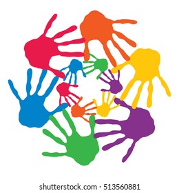 Vector concept or conceptual circle spiral of colorful hand prints made by children isolated on white background for paint, handprint, symbol, people, identity, together, friendship, play, fun designs