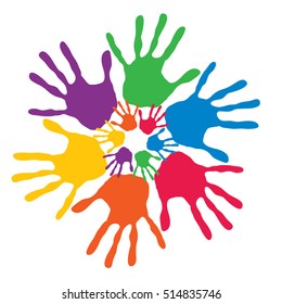Vector concept or conceptual circle spiral of colorful hand prints made by children isolated on white background for paint, handprint, symbol, people, identity, together, friendship, play, fun designs