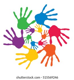 Concepto vectorial o espiral de círculo conceptual de las impresiones coloridas hechas a mano por niños aislados en fondo blanco para pintura, huella de mano, símbolo, personas, identidad, juntos, amistad, juego, diseños divertidos