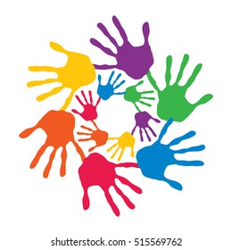 Vector concept or conceptual circle spiral of colorful hand prints made by children isolated on white background for paint, handprint, symbol, people, identity, together, friendship, play, fun designs