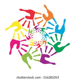 Vector concept or conceptual circle spiral of colorful hand prints made by children isolated on white background for paint, handprint, symbol, people, identity, together, friendship, play, fun designs