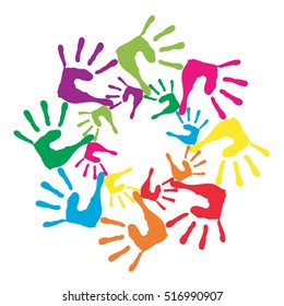 Vector concept or conceptual circle spiral of colorful hand prints made by children isolated on white background for paint, handprint, symbol, people, identity, together, friendship, play, fun designs
