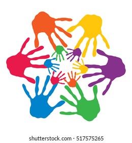 Concepto vectorial o espiral de círculo conceptual de las impresiones coloridas hechas a mano por niños aislados en fondo blanco para pintura, huella de mano, símbolo, personas, identidad, juntos, amistad, juego, diseños divertidos