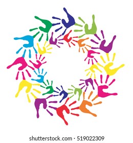 Vector concept or conceptual circle spiral of colorful hand prints made by children isolated on white background for paint, handprint, symbol, people, identity, together, friendship, play, fun designs
