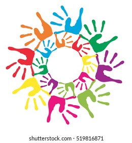 Vector concept or conceptual circle spiral of colorful hand prints made by children isolated on white background for paint, handprint, symbol, people, identity, together, friendship, play, fun designs