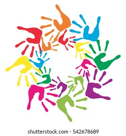 Vector concept or conceptual circle spiral of colorful hand prints made by children isolated on white background for paint, handprint, symbol, people, identity, together, friendship, play, fun designs