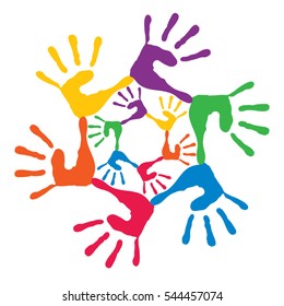 Vector concept or conceptual circle spiral of colorful hand prints made by children isolated on white background for paint, handprint, symbol, people, identity, together, friendship, play, fun designs